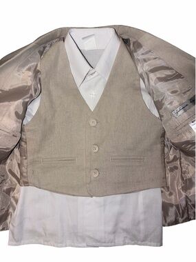 New Johnnie Lene Tan Beige Irish Linen Italy Blazer Vest White Shirt 4T Wedding